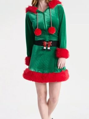 Green Velvet Holiday Dress with Red Faux Fur Trim